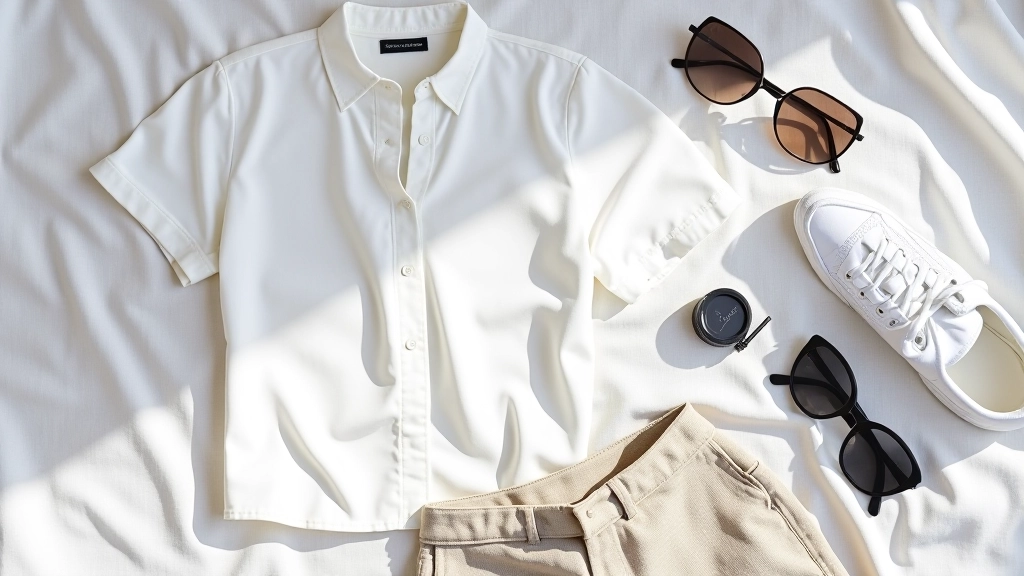 Colorful summer clothing items displayed on white linen background, flat lay photography