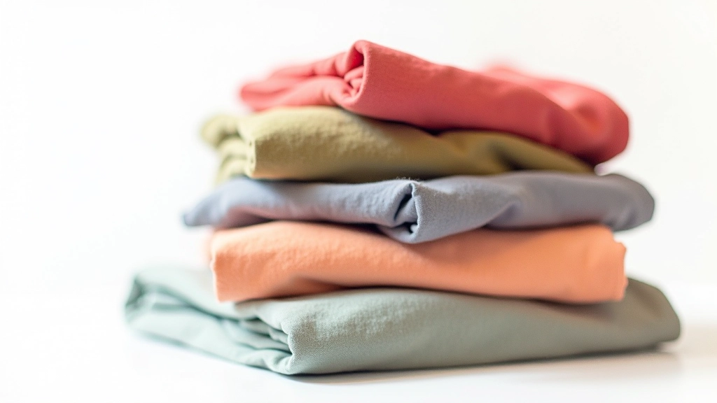 Folded clothing items arranged showing different styling combinations and color coordinations