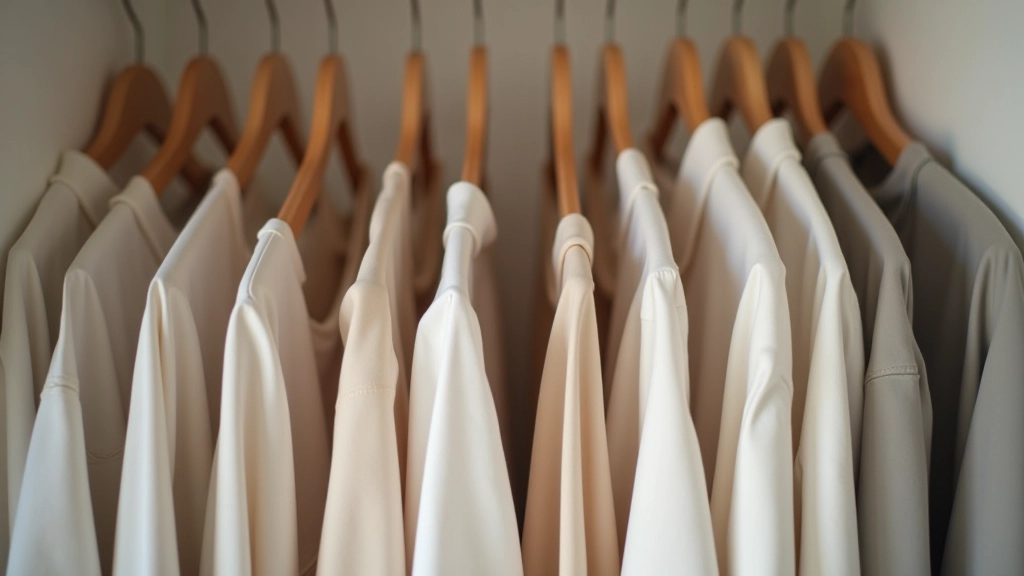 Carefully organized wardrobe pieces displayed on wooden hangers and shelves