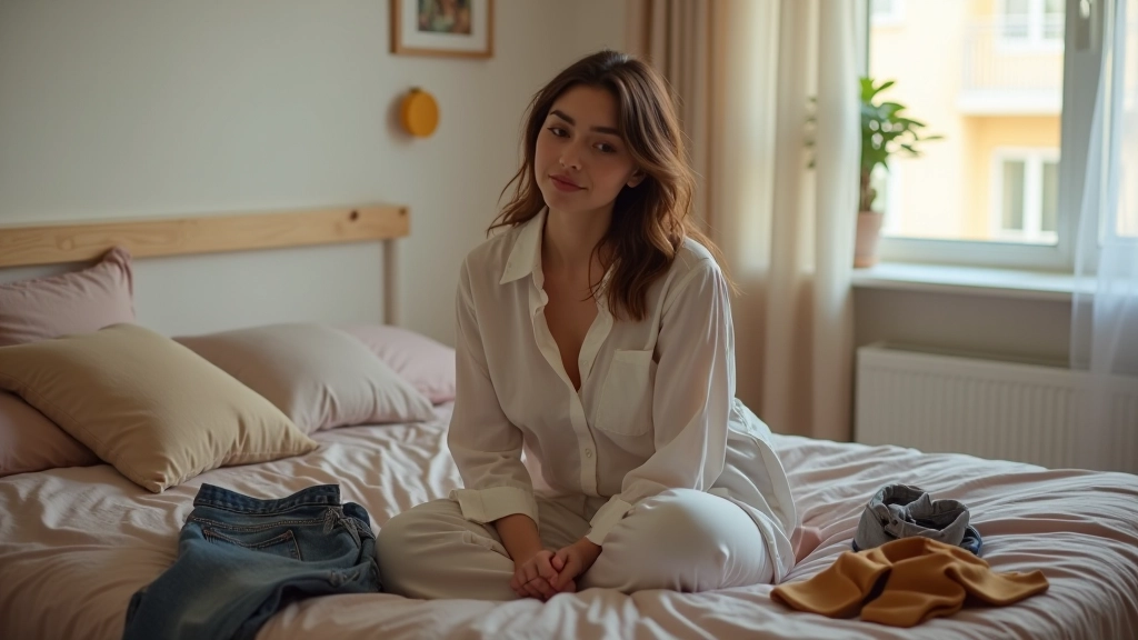 Woman sitting with seasonal clothing organized by color and type showing wardrobe planning strategies