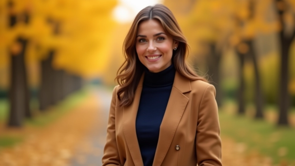 Woman wearing layered autumn outfit with sweater and blazer, outdoor park setting with fall foliage
