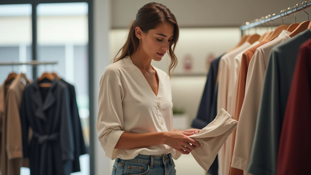 Fashion-conscious shopper examining clothing quality in modern retail store