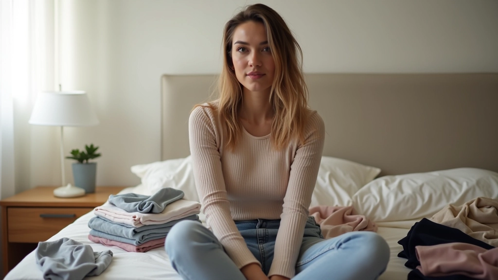 Woman organizing and arranging clothing items on bed with various neutral and colored pieces